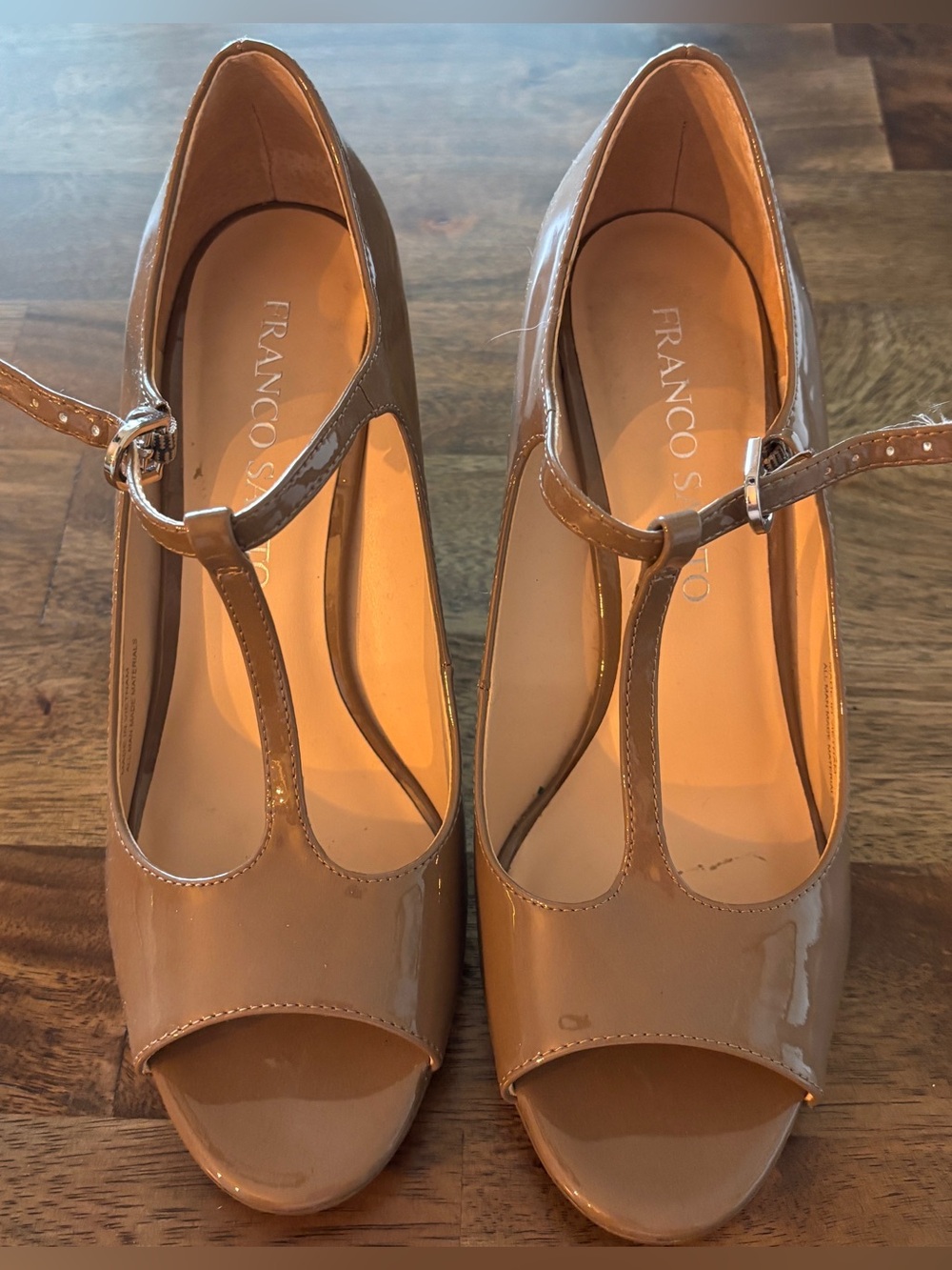 Franco Sarto Brown Patent Leather T-Strap Wedge Heels - Peep Toe Sz 7 NWOT